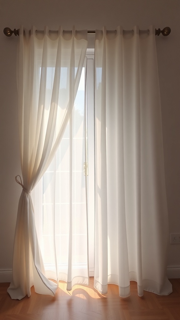 Sheer curtains covering a sliding glass door, softly filtering light.