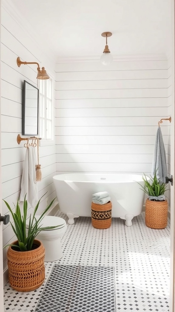 A bright farmhouse bathroom featuring white shiplap walls, a freestanding bathtub, and decorative plants.
