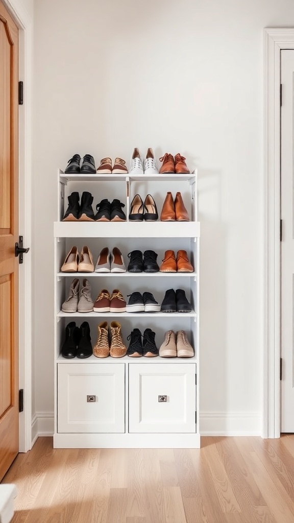 A white shoe rack filled with various shoes in an entryway