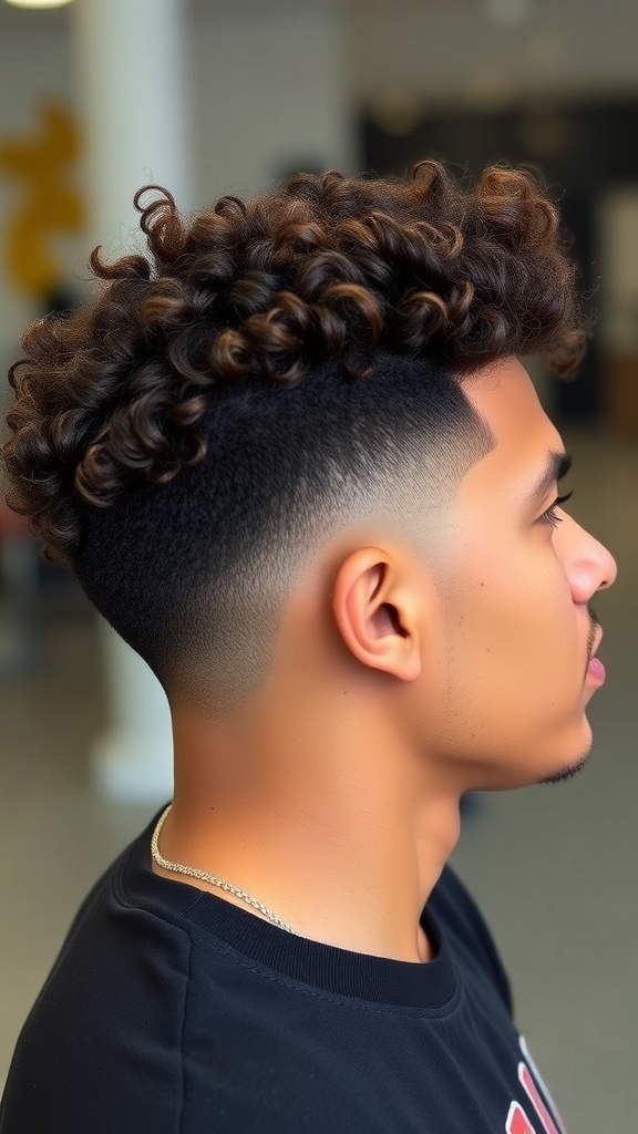 A man with a short curly crop hairstyle, featuring defined curls on top and faded sides.