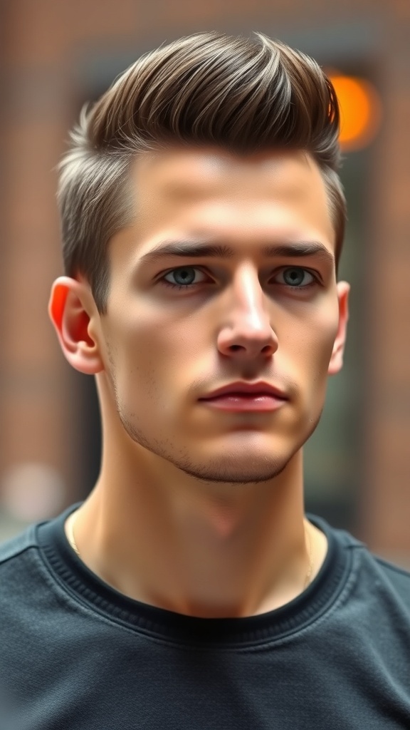 A young man with a short pompadour hairstyle, showcasing volume and style.