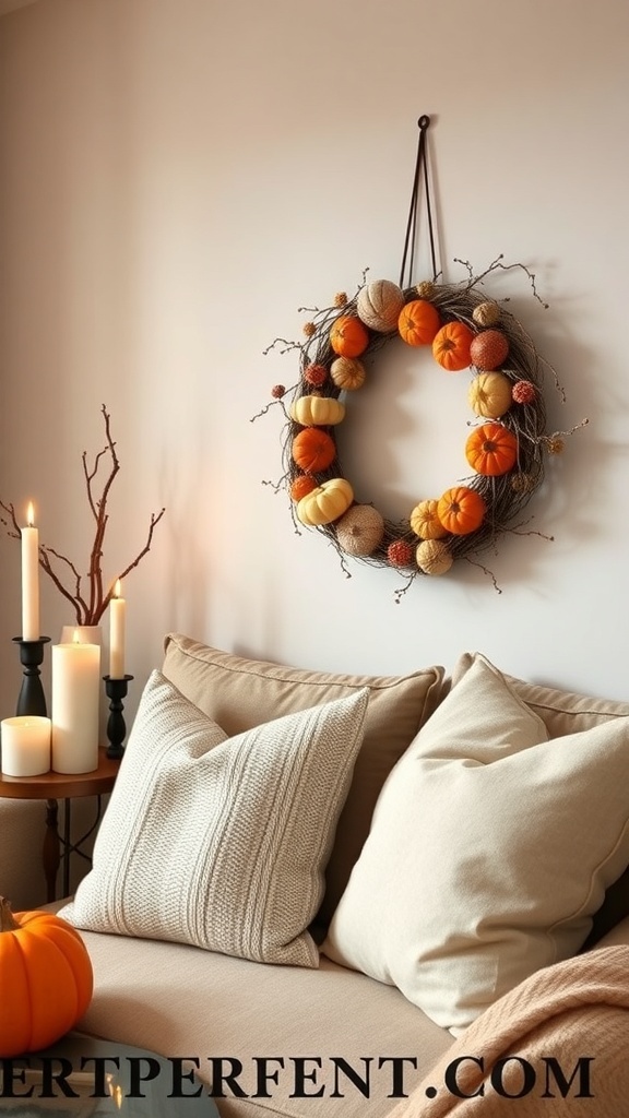 A cozy living room showcasing a pumpkin wreath above a couch, complemented by soft pillows and candles.