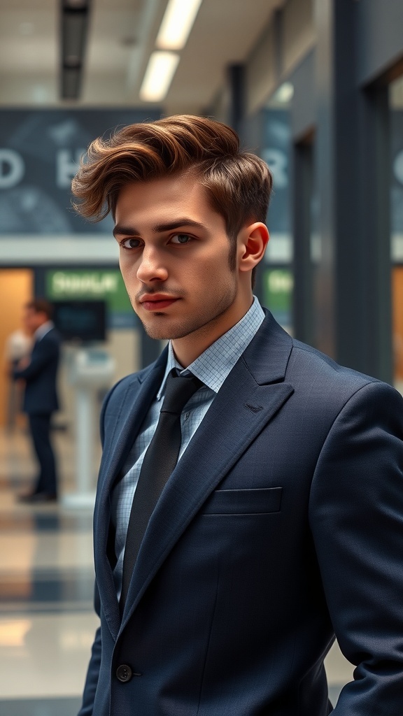 A young man with side-parted curly hair, wearing a suit and tie, looking confidently at the camera.