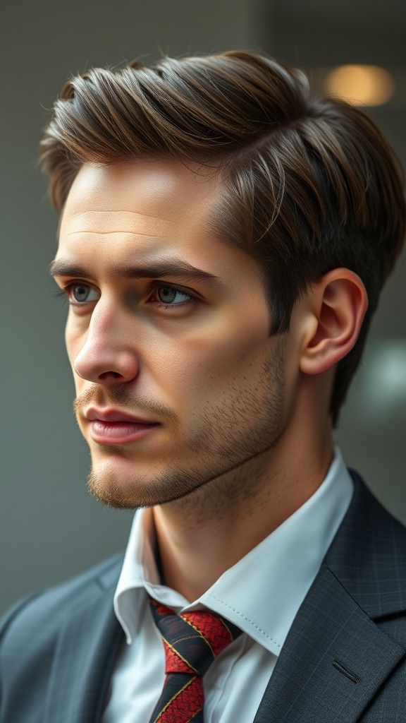 A man with thick hair styled in a side part, wearing a sharp suit and tie.