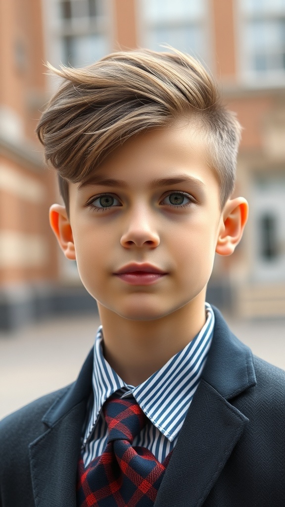 A young boy with a stylish side part and taper haircut, dressed in a suit and tie.