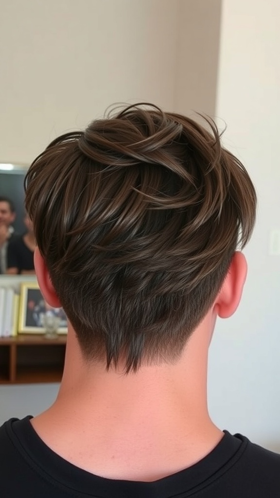 A stylish men's haircut featuring a side part and textured layers, ideal for fine hair.