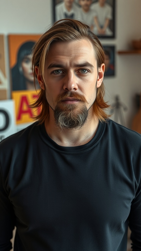 A man with long hair styled in a side part and a goatee, wearing a black shirt.