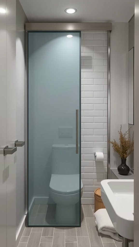 A modern tiny bathroom featuring a sliding glass door, showcasing a clean and open design.