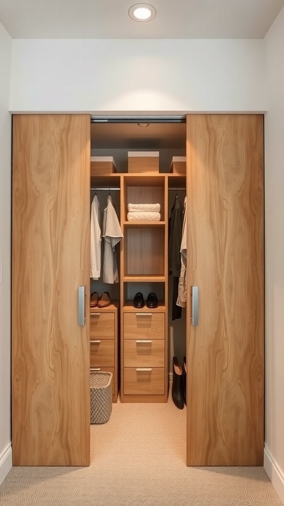 A small closet with sliding wooden doors, featuring organized shelves and hanging clothes.
