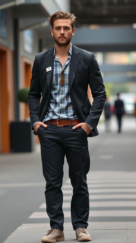 A man in a smart-casual outfit featuring a blazer, checked shirt, dark trousers, and light-colored shoes.