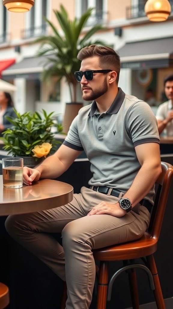A man in a gray polo shirt and beige chinos sitting at a café table, wearing sunglasses and a watch.