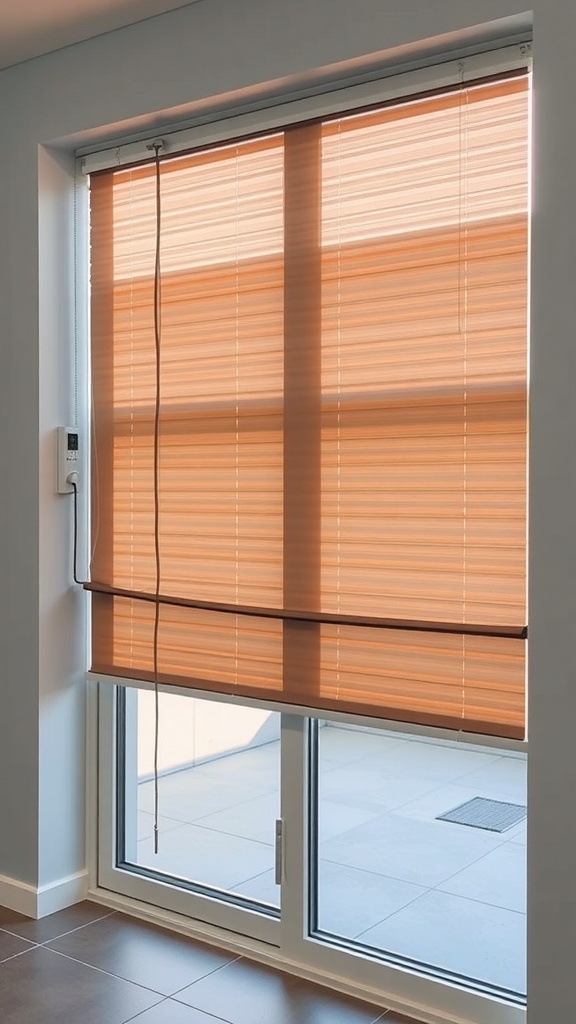 Smart blinds on a sliding glass door, showcasing a modern design.