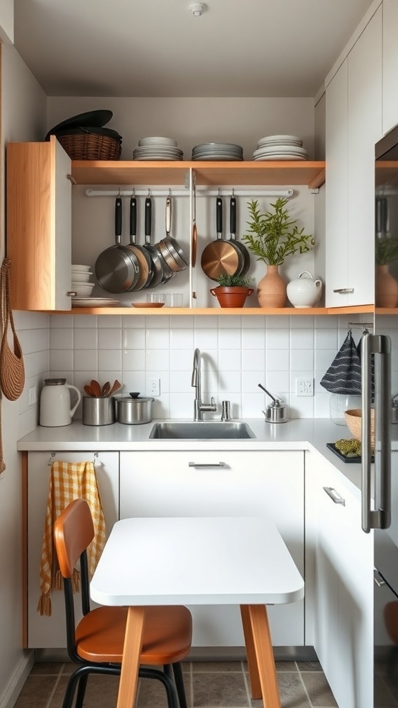 A small kitchen with open shelves, hanging pots, and a compact table.