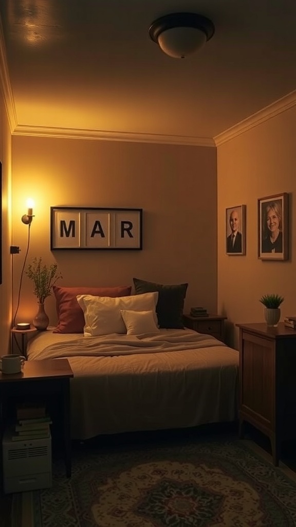Cozy small bedroom with warm lighting and stylish decor.
