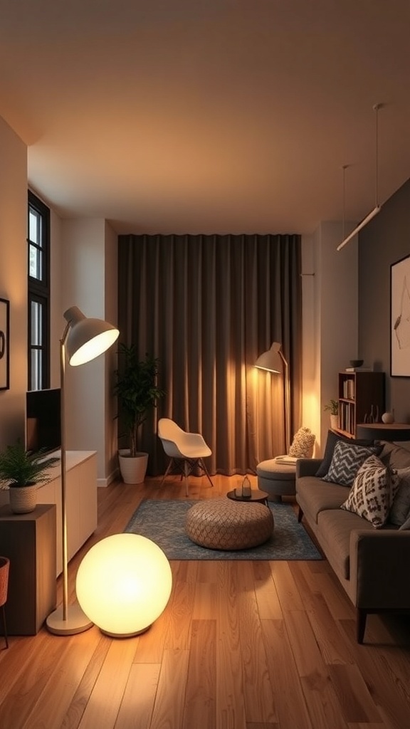 Cozy studio apartment with warm lighting and stylish decor