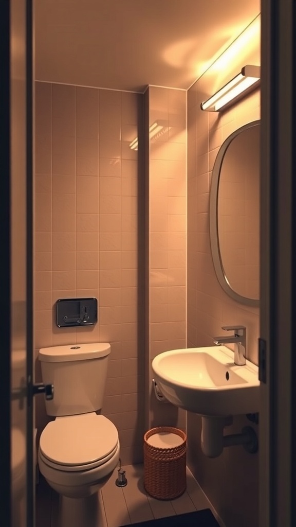 A small bathroom with warm lighting, featuring a toilet, sink, and mirror.