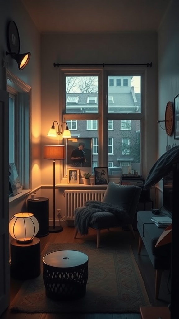 A cozy small room with warm lighting from various lamps, creating an inviting atmosphere.