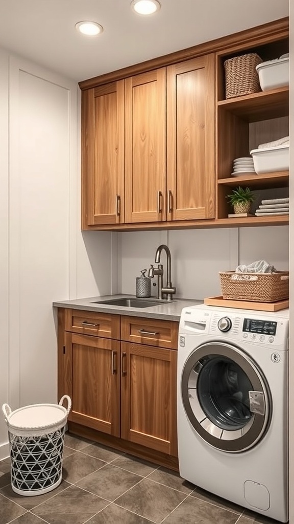 A small laundry room featuring wooden cabinets, a countertop, a washing machine, and a laundry basket.