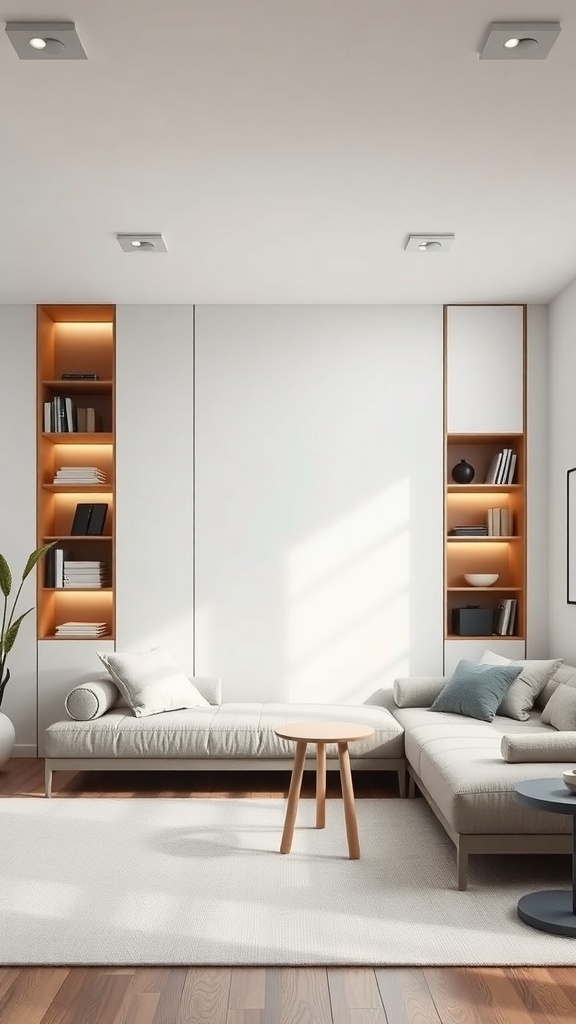 A minimalist living room featuring built-in shelves and a cozy sofa with a small coffee table.