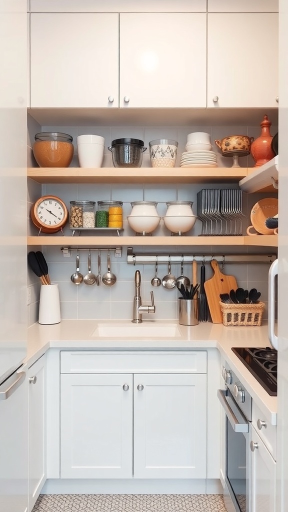 A well-organized small kitchen with open shelving, jars, and hanging utensils.