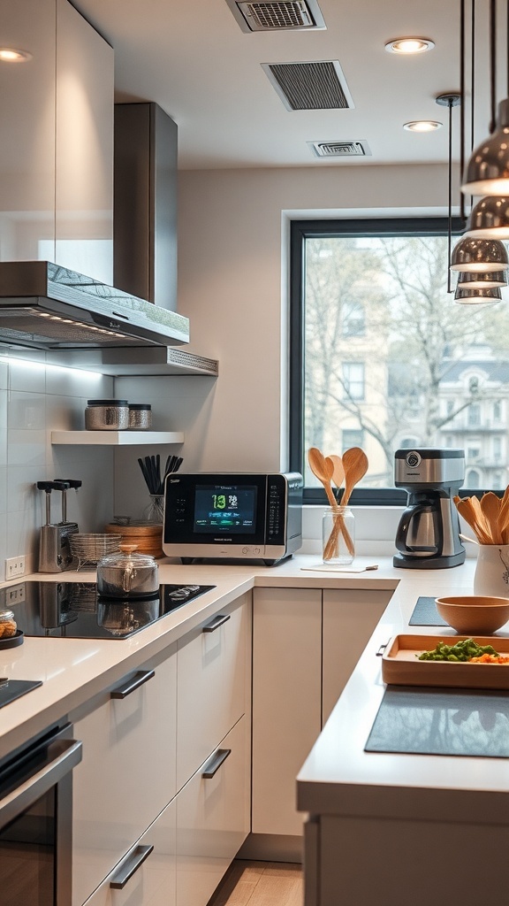 A modern kitchen featuring smart appliances, including a microwave and coffee maker, with a spacious countertop and natural light.
