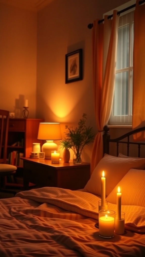 A warm bedroom with soft lighting from candles and a lamp, creating a cozy atmosphere.