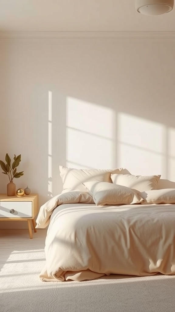 Cozy bedroom with soft beige bedding and natural light.