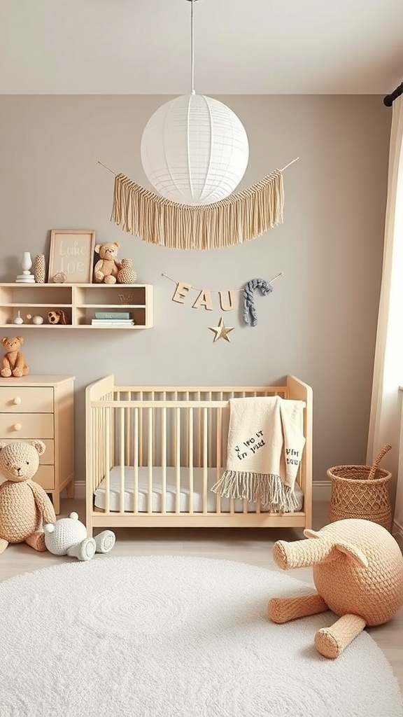 A calming nursery with soft earthy tones, featuring a wooden crib, plush toys, and a round rug.