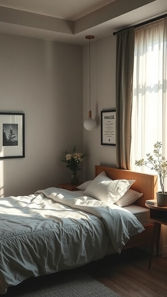 A serene, neutral bedroom featuring soft lighting and warm tones.