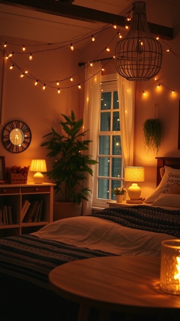 A boho bedroom featuring soft lighting with fairy lights and lamps for a cozy ambiance.