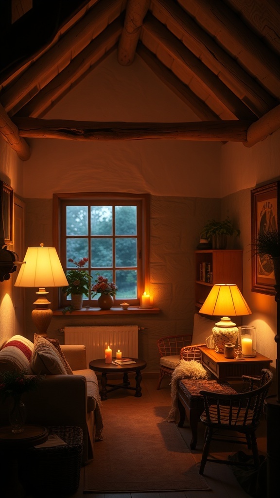 A cozy cottage living room with soft lighting from lamps and candles, featuring wooden beams and rustic furniture.