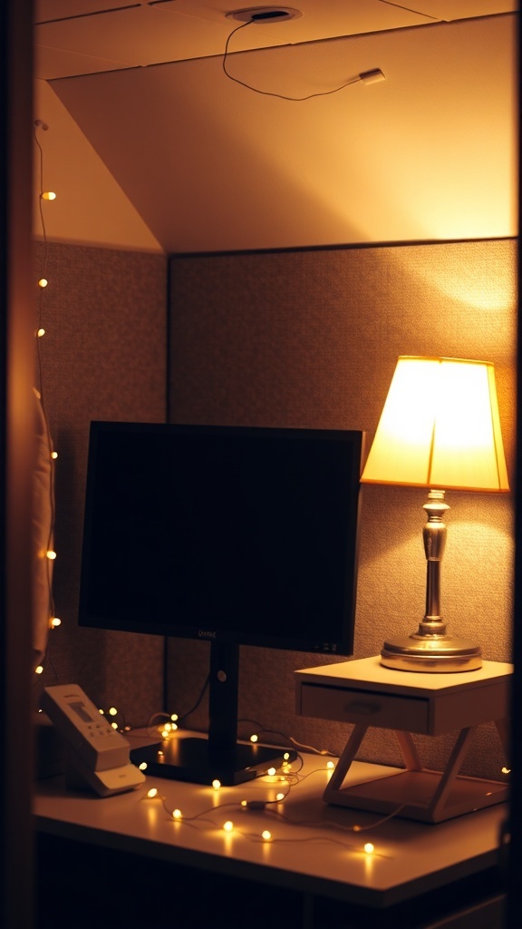A cozy cubicle featuring a monitor, a decorative desk lamp, and string lights for soft lighting.