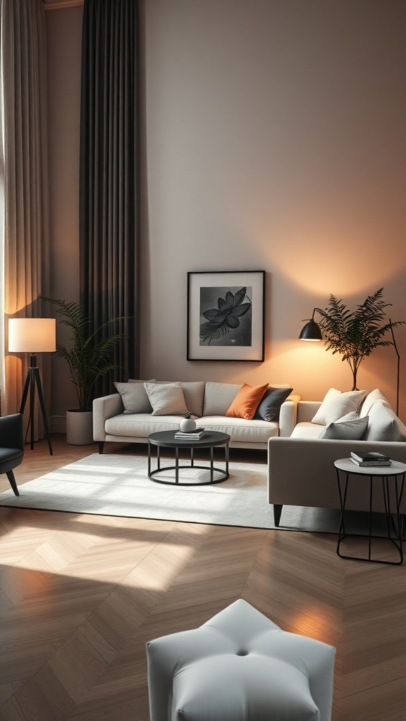 A minimalist living room featuring soft lighting, a cozy sofa, and decorative plants.