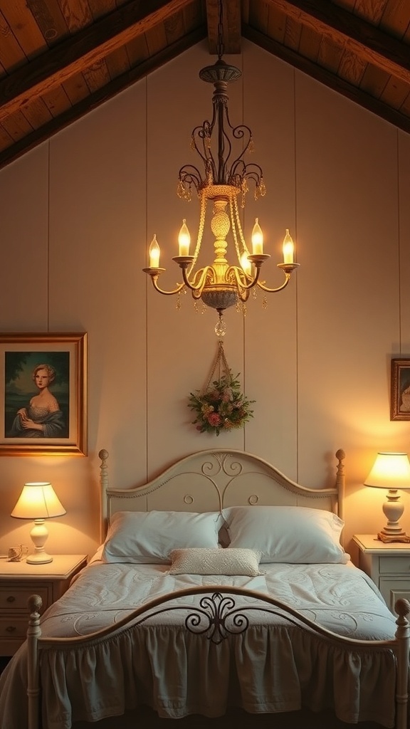 A cozy cottage bedroom featuring a chandelier and soft lighting