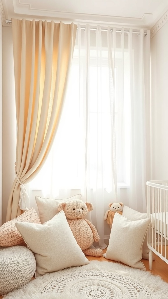 Cozy nursery corner with soft pillows and curtains