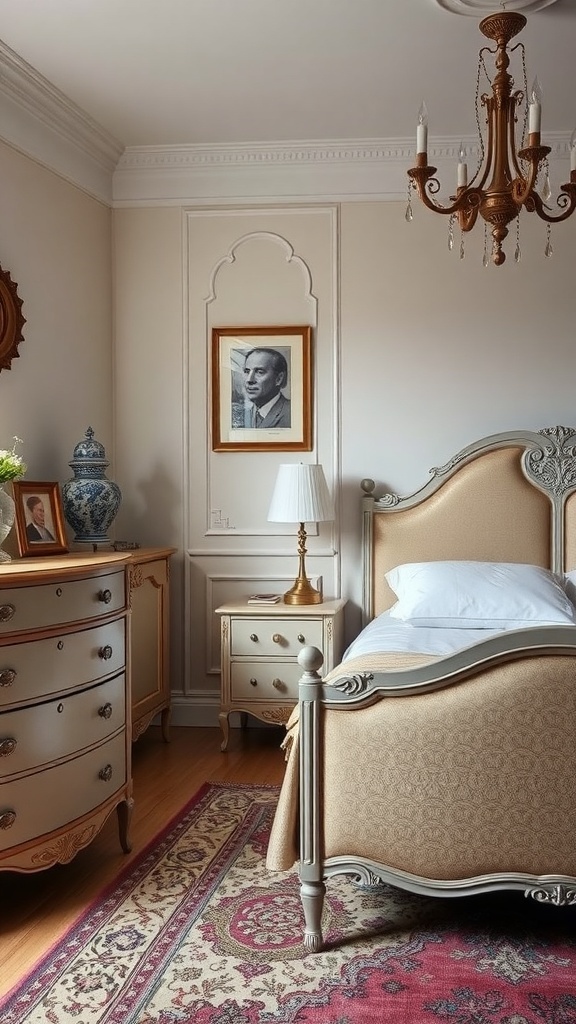 A sophisticated bedroom featuring elegant furniture, a stylish lamp, and decorative elements.