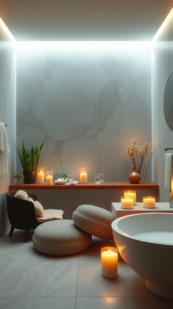 A serene bathroom with soft lighting, candles, plants, and a cozy seating area.