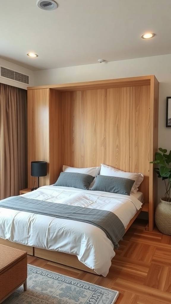A stylish Murphy bed in a modern room, showcasing a wooden finish and a cozy bedding arrangement.