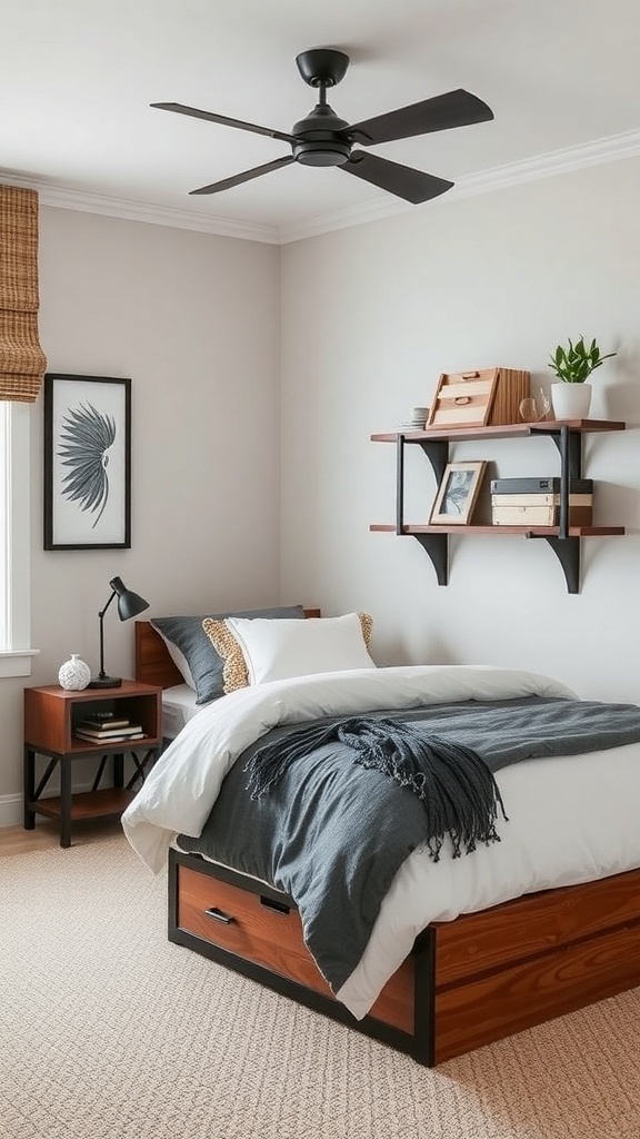 Cozy guest bedroom with space-saving storage solutions, including a bed with drawers and wall-mounted shelves.