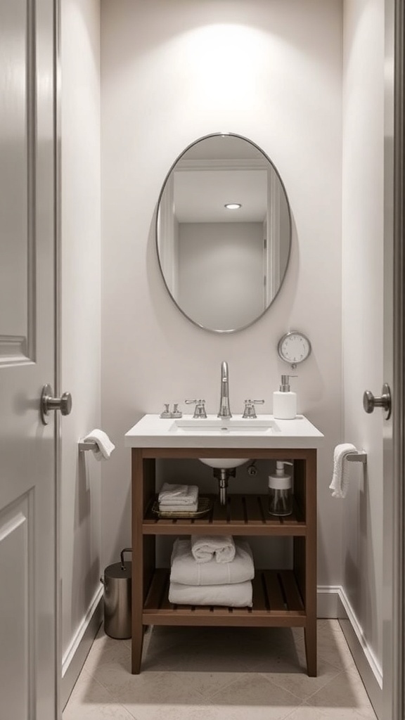 A modern space-saving vanity in a small powder room with an oval mirror and open shelving.