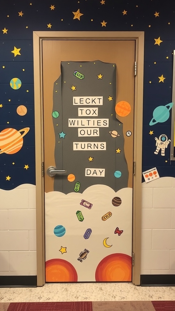 Decorative classroom door with a space theme, featuring planets, stars, and an astronaut.