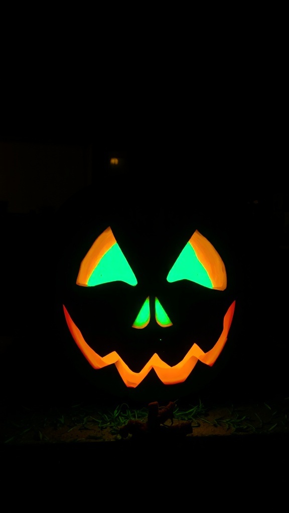 A carved pumpkin glowing in the dark with green eyes and an orange mouth.