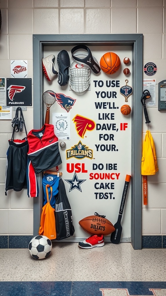 A sports-themed door decorated with various sports equipment and a playful message.