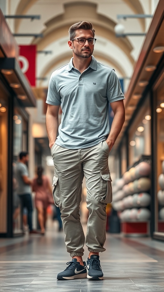 A man in a light grey polo shirt and cargo pants, wearing sneakers, standing in a shopping mall.