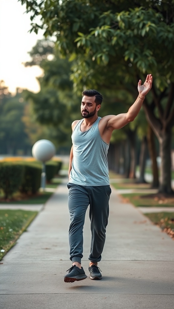 A man walking in a park wearing a gray tank top and dark joggers.