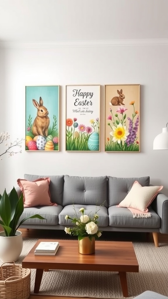 Three Easter-themed paintings on a wall, featuring bunnies, eggs, and flowers in a cozy living room.