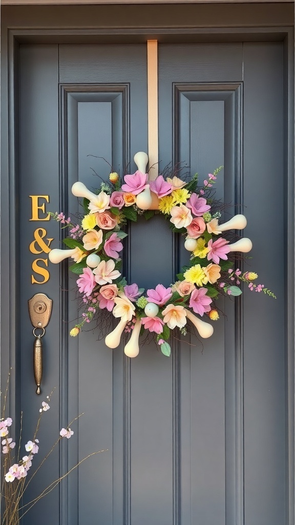 A colorful spring-themed wreath with flowers on a door.