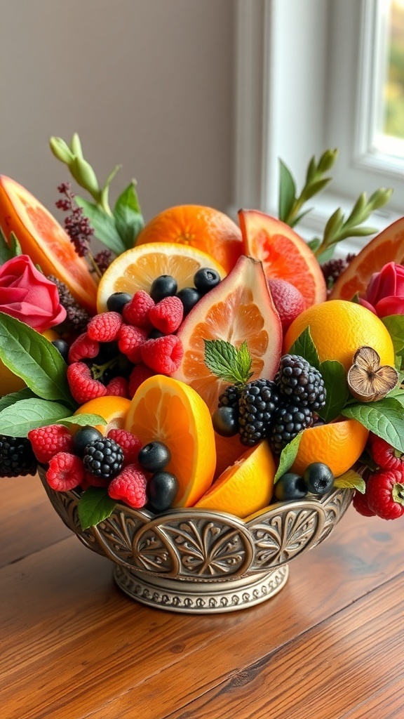 A colorful spring fruit arrangement featuring oranges, blackberries, raspberries, and blueberries in a decorative bowl.