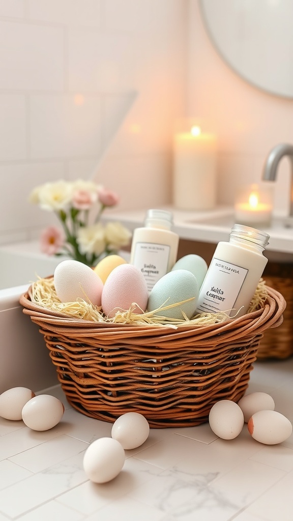 A spring-themed spa basket featuring pastel eggs, candles, and flowers.