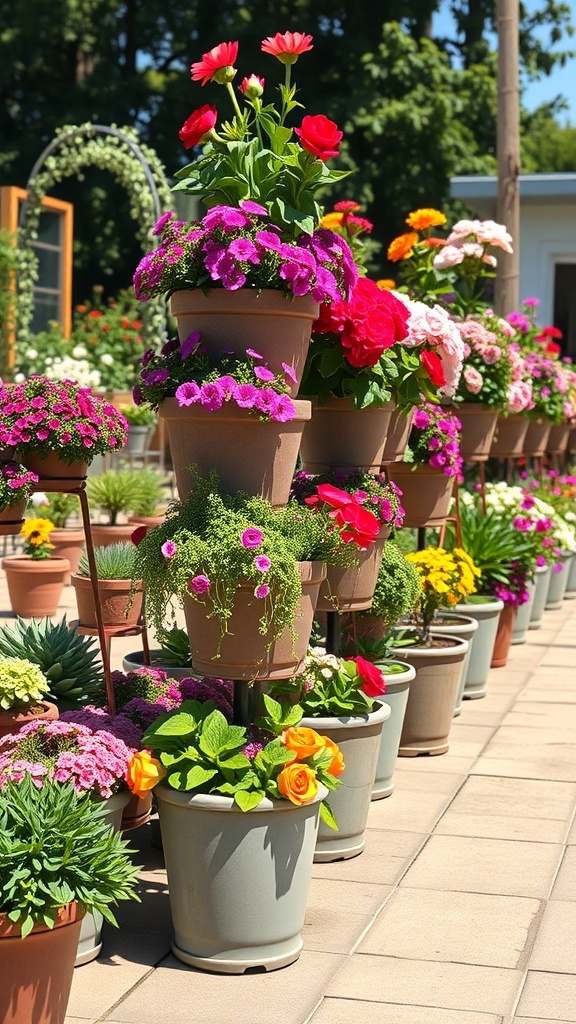 Colorful stacked planter towers filled with various flowers.